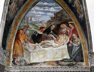 Cristo deposto nel sepolcro; affresco nella chiesa della Natività di Maria a Pellizzano (Trentino)
