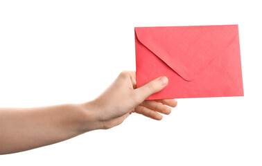 Woman holding red paper envelope on white background, closeup