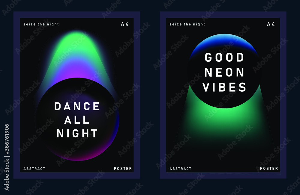 Aufkleber set of minimal posters with abstract composition of glowing neon planets. synthwave and vaporwave st