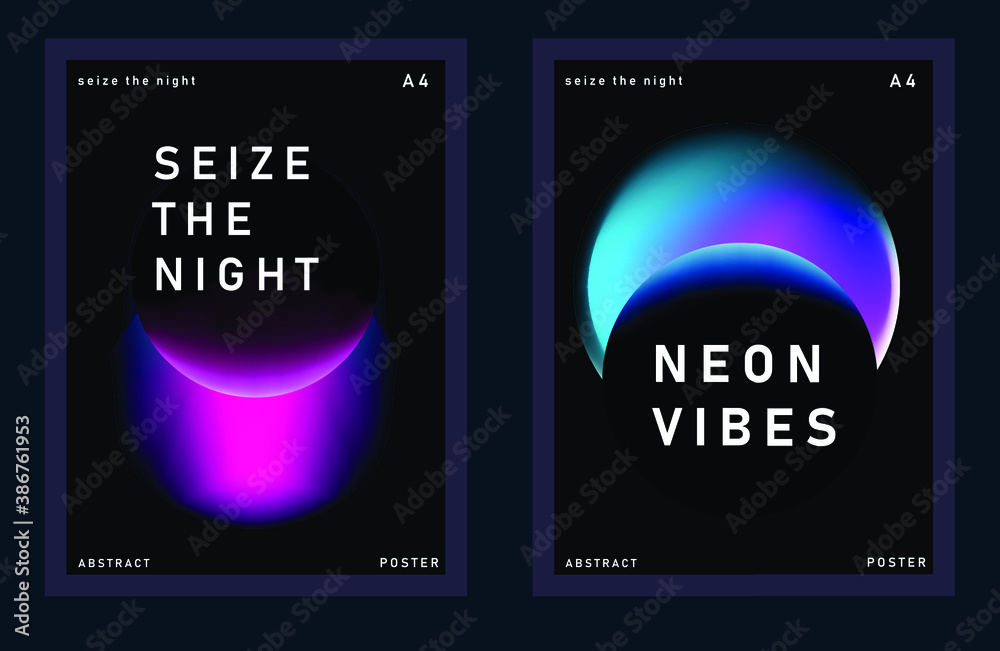 Aufkleber Set of minimal posters with abstract composition of glowing neon planets. Synthwave and vaporwave style covers for music or dance event.