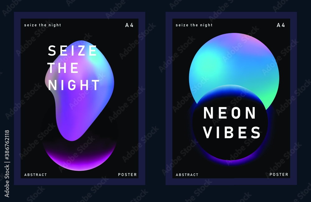 Poster Set of minimal posters with abstract composition of glowing neon planets. Synthwave and vaporwave style covers for music or dance event.