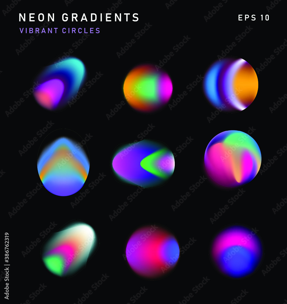 Poster vibrant colorful abstract gradient blurs, neon spots, blurred circles. set of design elements for po