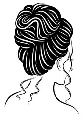 Silhouette of the head of a cute lady. The girl demonstrates her hairstyle stoves for long and medium hair. Suitable for logo, advertising. Vector illustration.