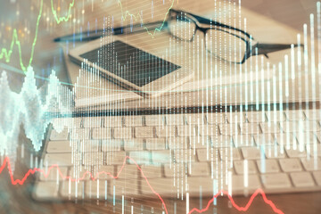 Double exposure of forex chart drawing and cell phone background. Concept of financial trading
