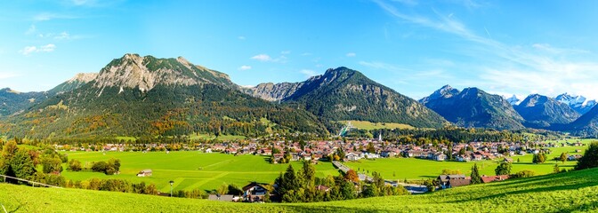 Panorama view on Obersdorf in Allgau, Bavaria, Bayern,  Germany. Alps Mountains in Tyrol, Austria.