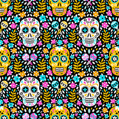 South american Day of the Dead background of ethnic sugar skulls, marigold flowers and traditional mexican maracas musical instruments for fabric prints, wallpapers. EPS 10 vector seamless pattern.