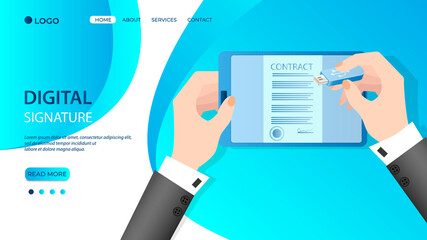 Digital signature.A businessman signs a contract using a tablet computer and a digital signature.Business activity the concept of successful negotiations and agreements.The template of the landing pag