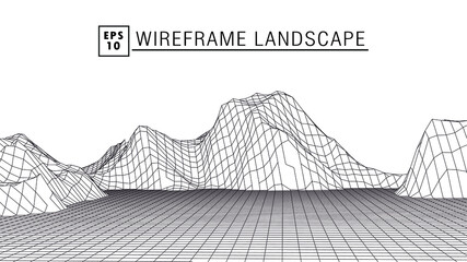 Wireframe 3D landscape mountains. Wireframe landscape wire. 3d landscape. Digital retro landscape cyber surface. Vector illustration.	
