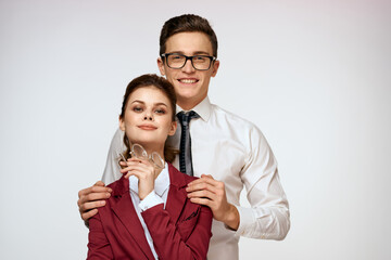 Work colleagues Business couple office officials team studio light background