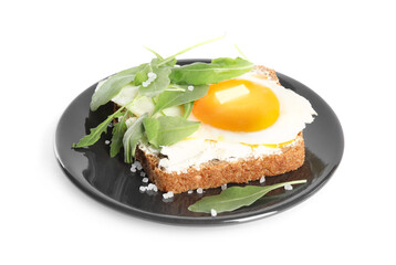 Delicious sandwich with arugula and fried egg isolated on white