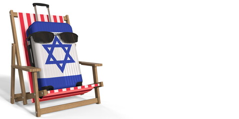 Flag of Israel on suitcase and beach chair. Travel concept, 3d rendering