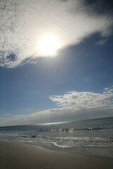 Beach, sun, sunset, waves, blue sky, horizon, clouds