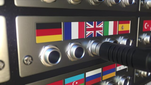 Jack plug with flag of the United Kingdom. Conceptual 3d animation