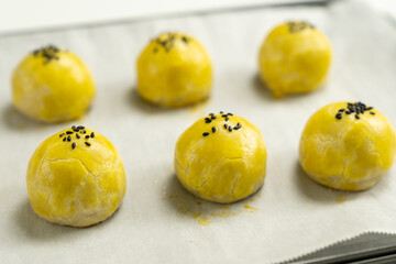 Shanghai yam paste with pork floss mooncake for Chinese Mid Autumn Festival celebration