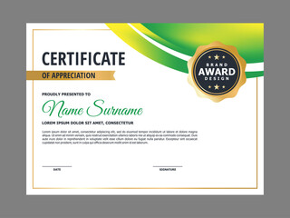 Abstract Smooth Certificate with Green Natural Curvy Element Design, Professional, Modern, Elegant Certificate with Golden Badge Template Vector