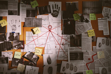 Detective board with fingerprints, photos, map and clues connected by red string - obrazy, fototapety, plakaty