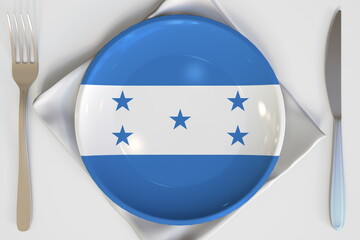 Top-down view of the plate with flag of Honduras. National dishes conceptual 3d rendering
