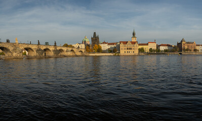 panoramic view of Charles Bridge and the Vltava River. stone bridges on the river in the city. in...