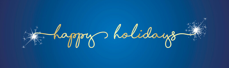 Obraz premium Happy holidays handwritten lettering tipography sparkle firework gold white blue background