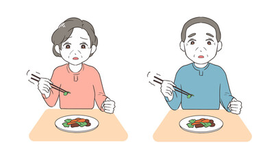 箸で持つ練習をする　不安げ　高齢者