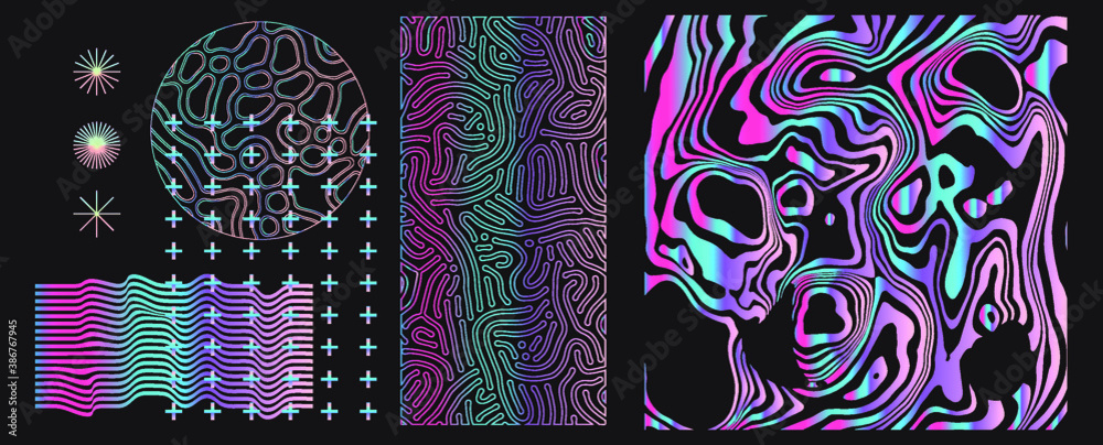 Wall mural glowing neon holographic grid, glitched wavy surface. abstract science and technology background.