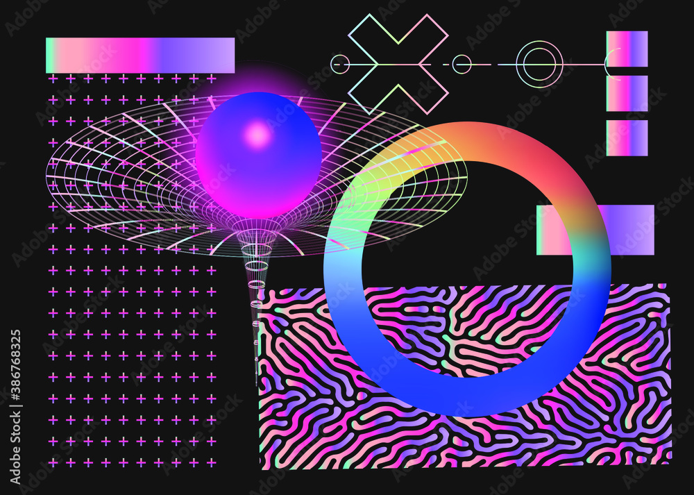 Aufkleber Set of universal holographic geometric elements and icons for futuristic minimal design. Abstract shapes and forms on dark background.