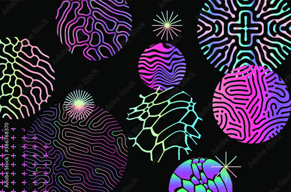 Poster abstract geometric background with composition of holographic circles, shapes with futuristic orname