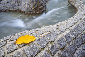 Gelbes Herbstblatt auf einem Stein. Wasser fliesst an Stein und Blatt vorbei.