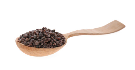 Black salt in wooden spoon isolated on white
