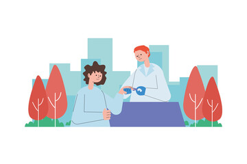 scientific doctor with oximeter and patient