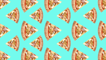 Seafood pizza slices on light blue background. Pattern design