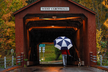 West Cornwall, Ct, USA  A woman with an umbrella walks her dog near the covered bridge in the rain.