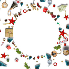 Christmas round frame composition. Gifts, fir  branches and ornaments, white background. Christmas or new year concept.