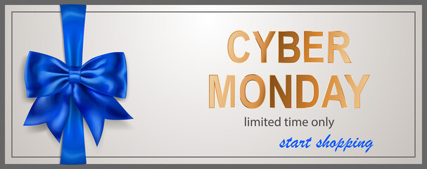 Cyber Monday sale banner with blie bow and ribbons on white background. Vector illustration for posters, flyers or cards.