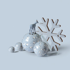 Blue Reindeer standing on Christmas balls, and snow star on blue background