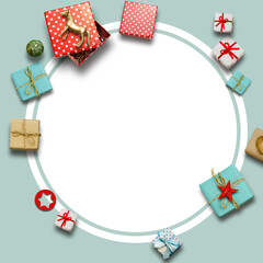 Christmas round frame holiday, surrounded by wrapped gifts on a light blue background. Christmas shopping
