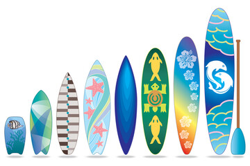 variety of surfboards standing isolated on a white background with shadows