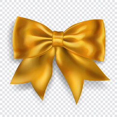 Beautiful big bow made of yellow ribbon with shadow on transparent background. Transparency only in vector format