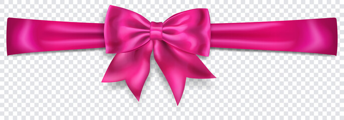 Beautiful pink bow with horizontal ribbon with shadow on transparent background. Transparency only in vector format - obrazy, fototapety, plakaty
