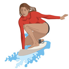 female surfer balancing on surfboard isolated on a white background