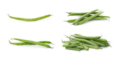 Set of fresh green beans on white background. Banner design