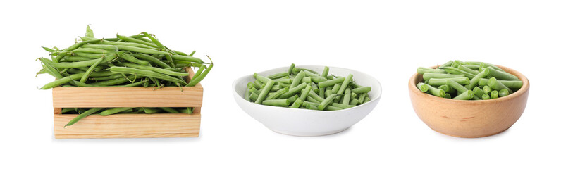 Set of fresh green beans on white background. Banner design
