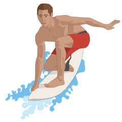 male surfer balancing on surfboard in red board shorts isolated on a white background