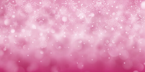 Fototapeta na wymiar Christmas background of complex big and small falling snowflakes in pink colors with bokeh effect