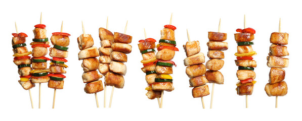 Set of delicious chicken shish kebabs on white background. Banner design