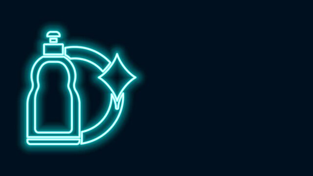 Glowing neon line Plastic bottle for liquid laundry detergent, bleach, dishwashing liquid or another cleaning agent icon isolated on black background. 4K Video motion graphic animation