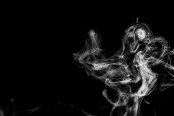 White natural steam smoke effect on solid black background with abstract blur motion wave swirl use for overlay in vapor cigarette, hot boil food and water