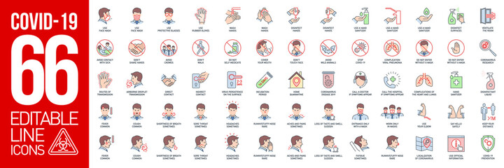 Prevention and symptoms Coronavirus Covid color line icons set isolated on white. Perfect outline medicine colorful symbol pandemic banner. colored design elements virus treatment with editable Stroke