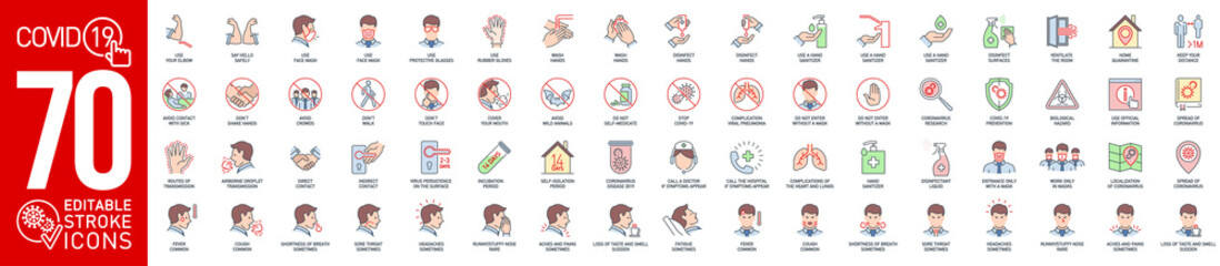 Prevention and symptoms Coronavirus Covid color line icons set isolated on white. Perfect outline medicine colorful symbol pandemic banner. colored design elements virus treatment with editable Stroke