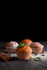 Christmas muffins sprinkled with powdered sugar, pastries, Christmas pastries, new year, sweets for the new year, Christmas baked goods